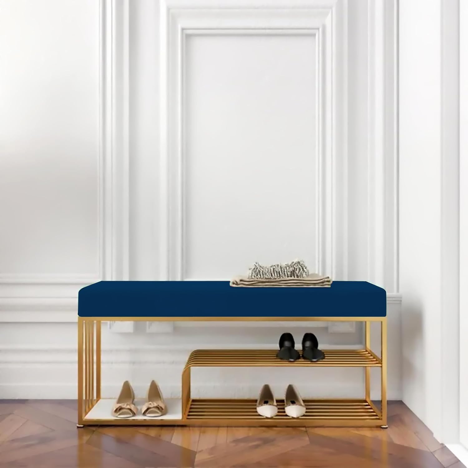 Velvet Upholstered Entryway Shoe Rack Bench with Storage