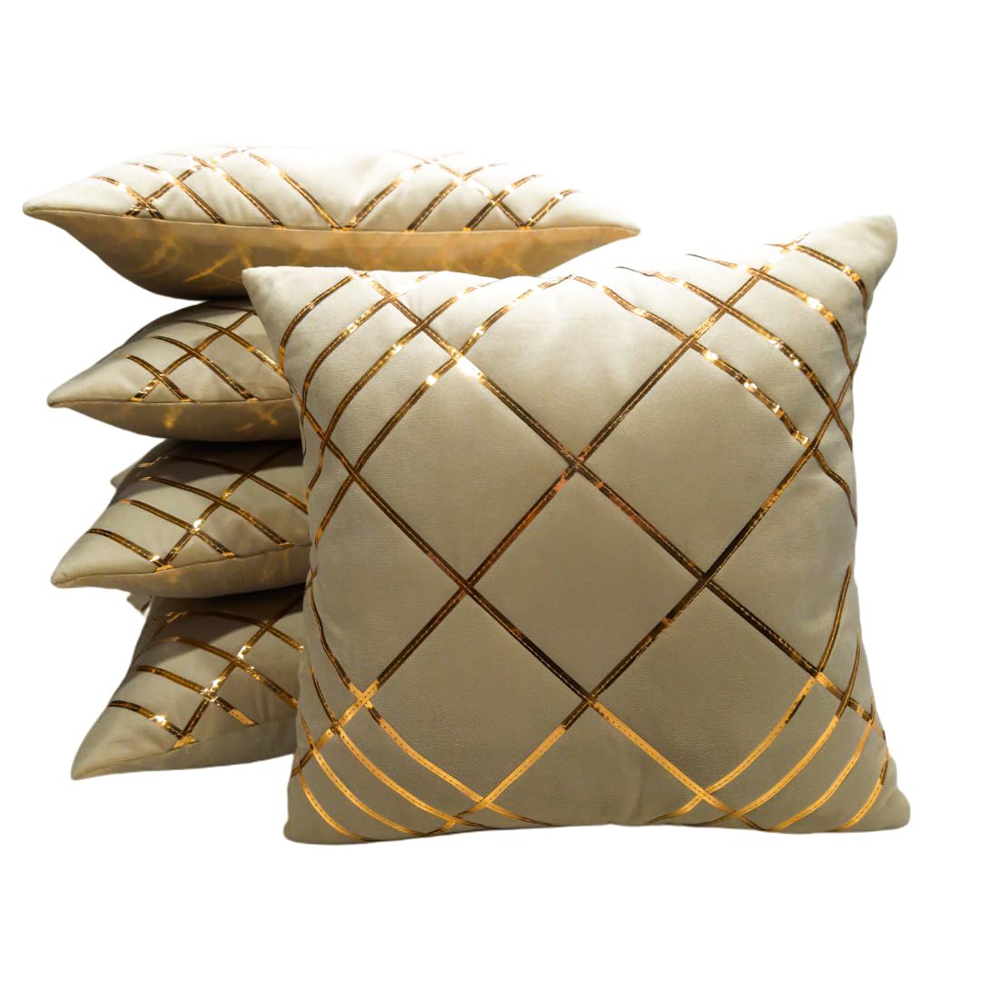 Beige & Gold Checked Velvet Cushion Covers, 16 x 16 Inch, Set of 5