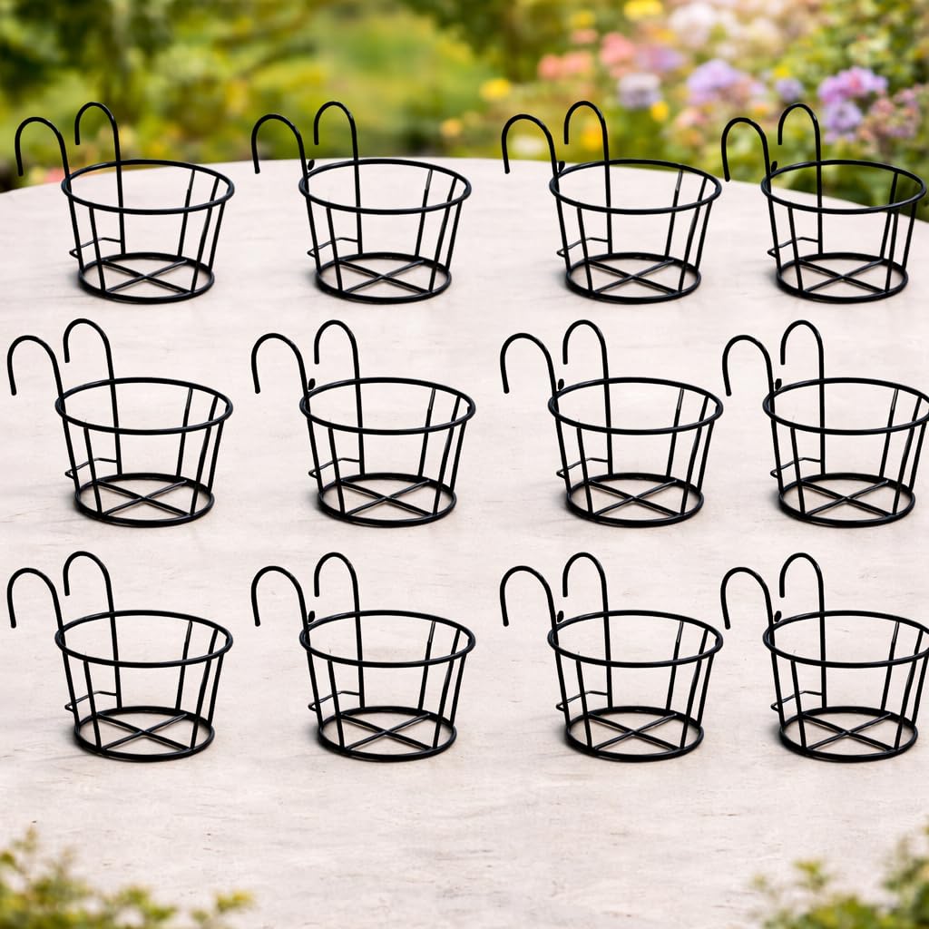 Round Metal Hanging Flower Pot Stand for Balcony Railing | Outdoor & Indoor Planter Holder