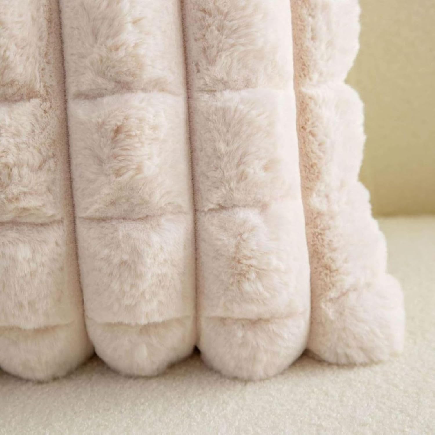 Cream Checkered Faux Fur Cushion Covers, 16 x 16 Inch, Set of 2
