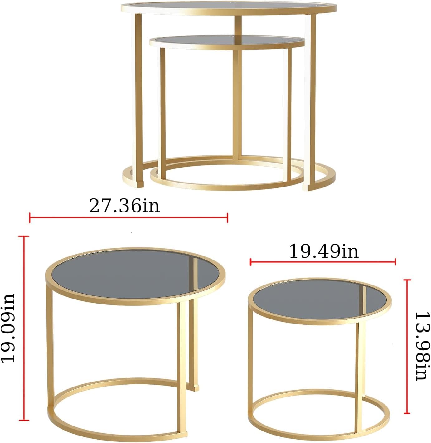 Gold Nesting Coffee Table Set of 2, Modern Tempered Glass Side Table, Metal Frame Table for Living Room, Office,Home Decor