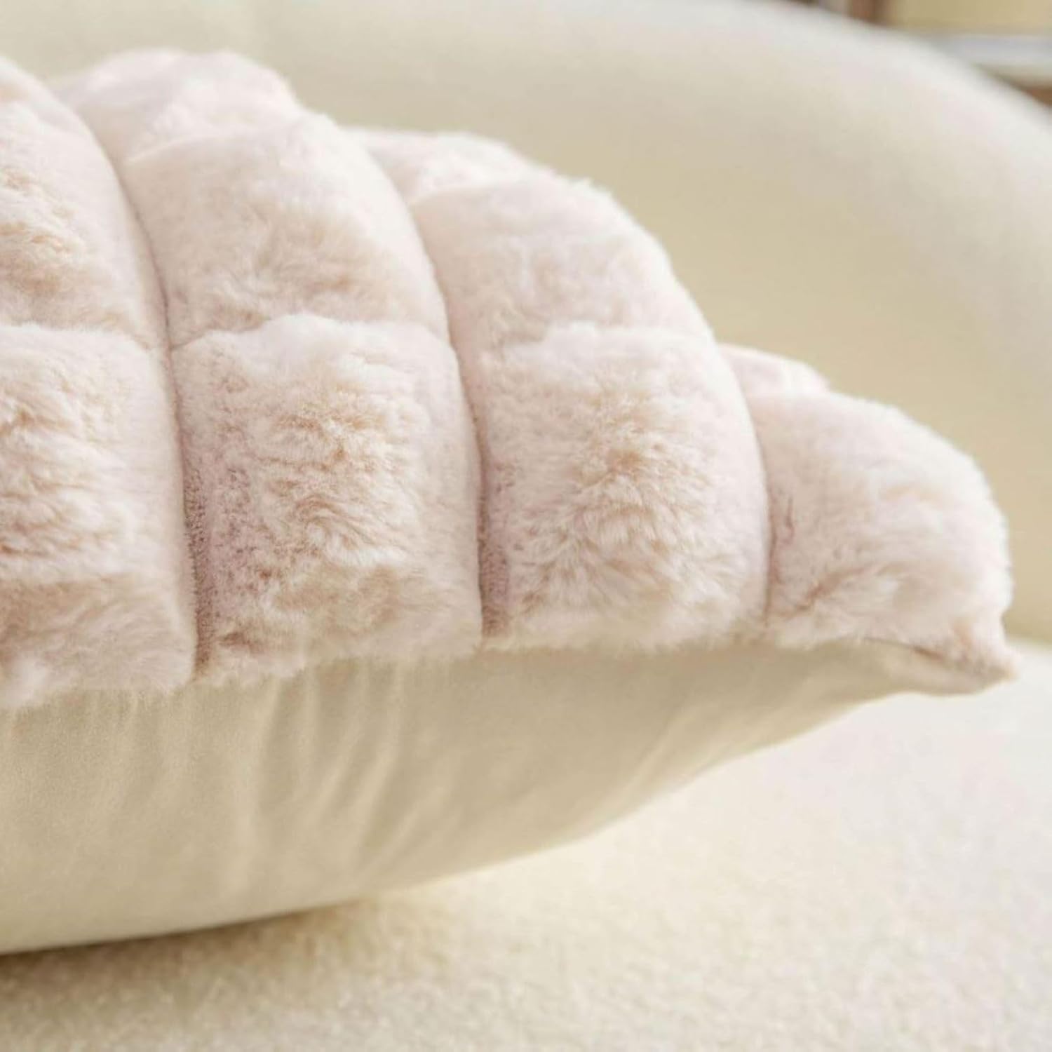 Cream Checkered Faux Fur Cushion Covers, 16 x 16 Inch, Set of 2