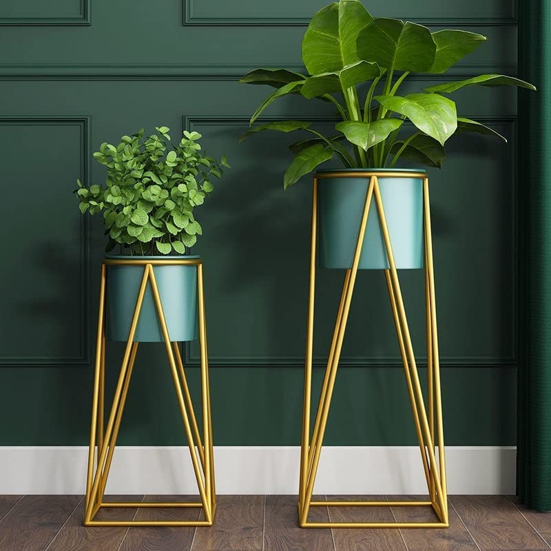 Planters for Indoor - Outdoor Plants & Modern Metal Floor Tall Plant Stand for Garden, Balcony & Living Room & Mid Century Plant Stands with Pots Set of 2