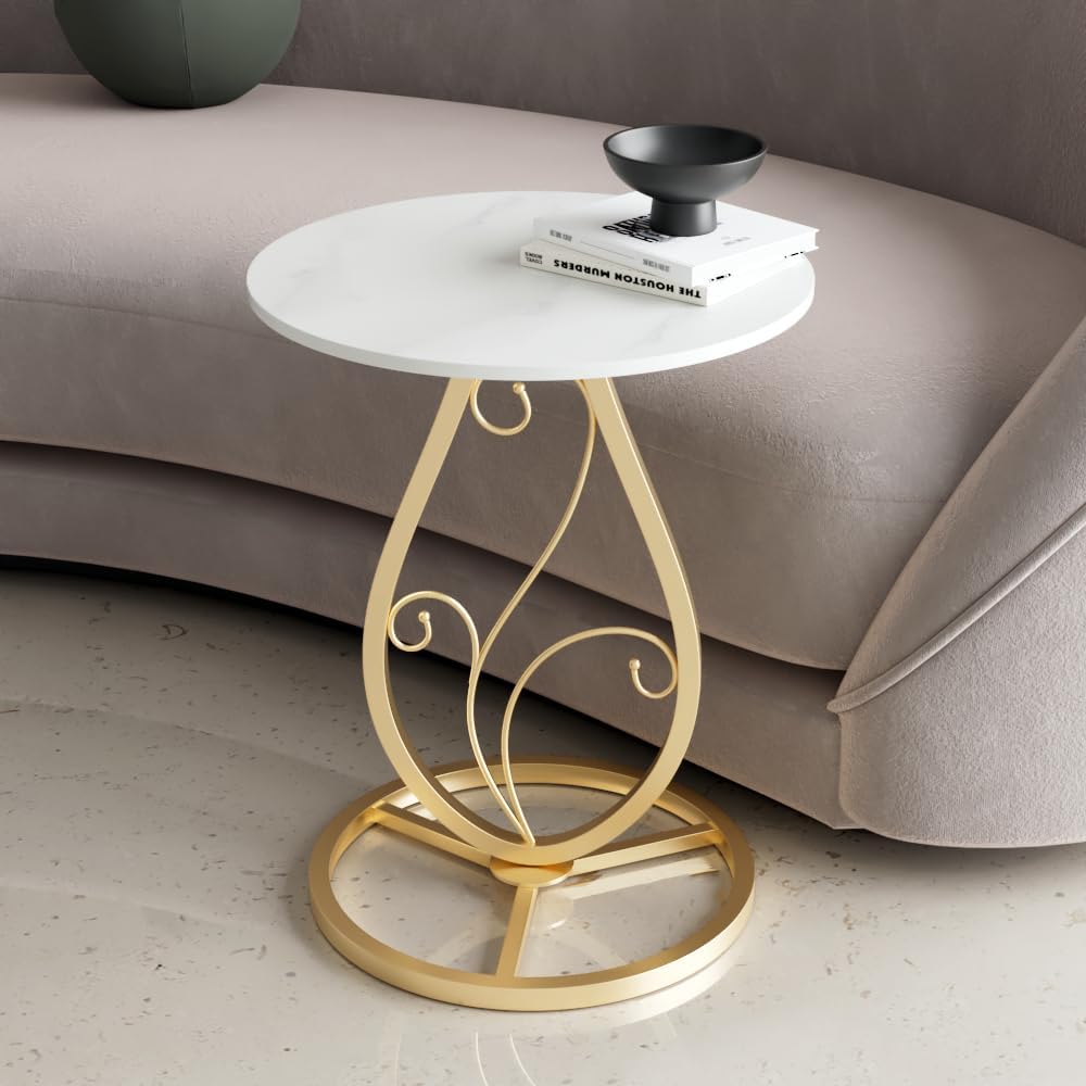 Boho Round Side Table with Natural Marble Top – Minimalist Metal Floral Base End Table for Living Room & Bedroom