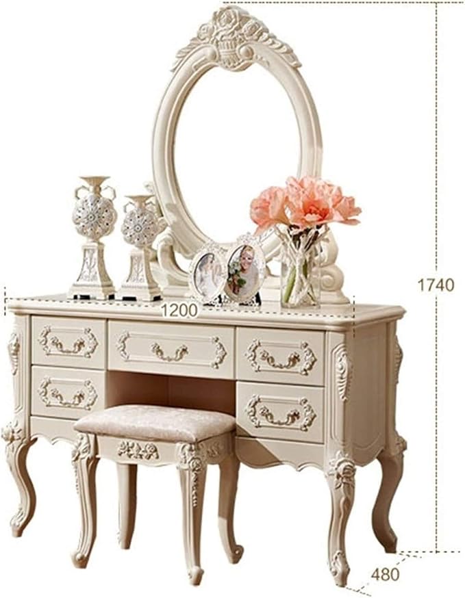 Ouch Cart Luxury Vanity Dressing Table with Mirror & Stool | French Style Makeup Table with Drawers