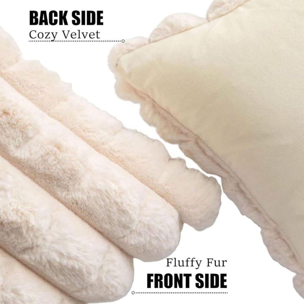 Cream Checkered Faux Fur Cushion Covers, 16 x 16 Inch, Set of 2
