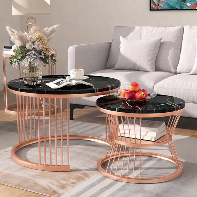 Iron Frame Faux Marbled Laminated Round Coffee Table Set of 2 Stacking Center Tables for Living Room Bedroom or Apartments (Golden White)