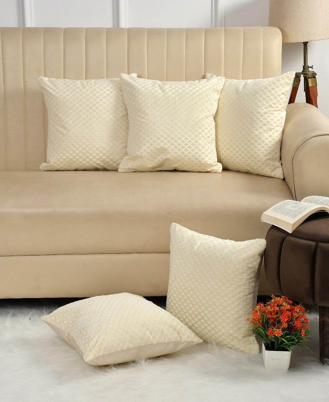 Brown Diamond Quilted Velvet Cushion Covers, 16 x 16 Inch, Set of 5