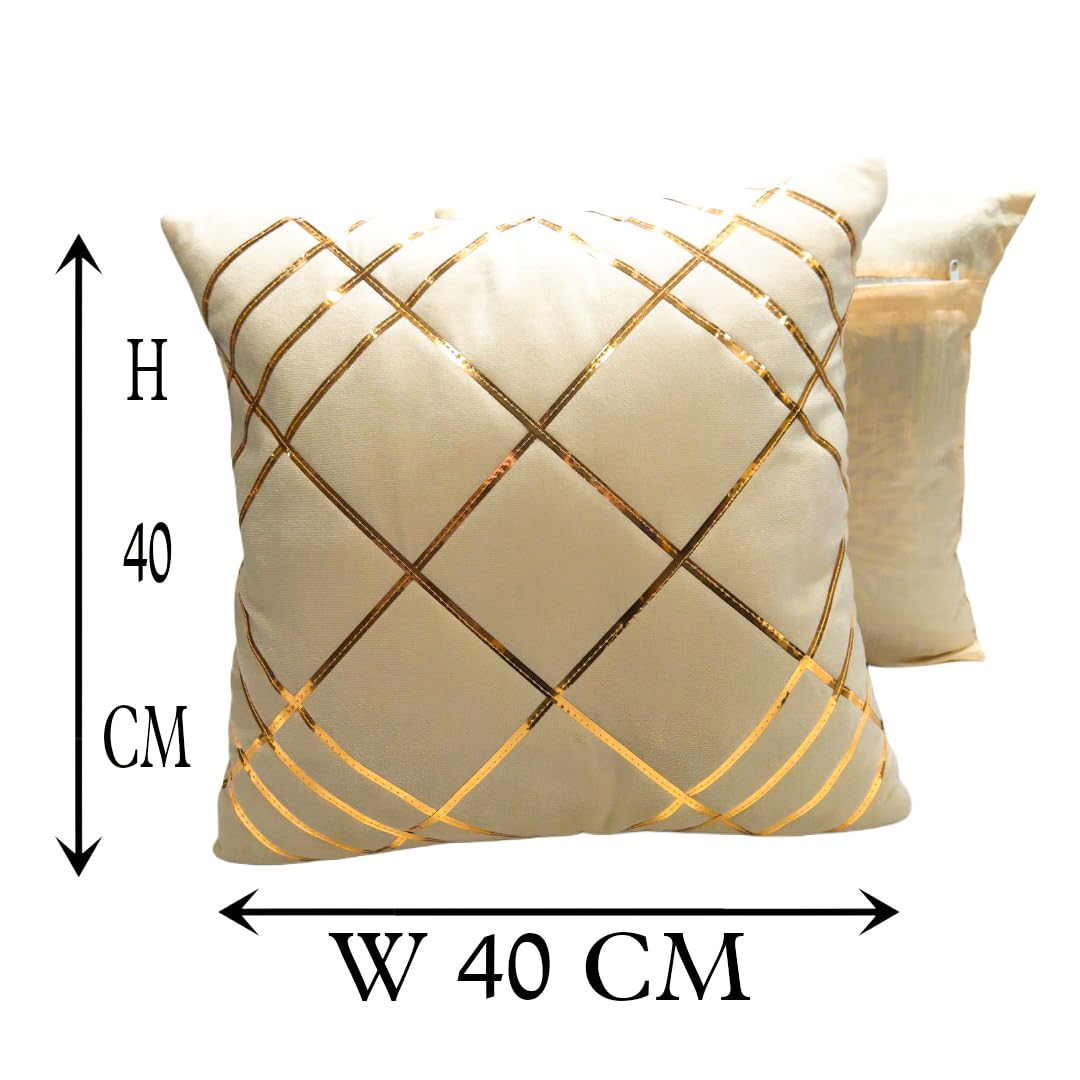 Beige & Gold Checked Velvet Cushion Covers, 16 x 16 Inch, Set of 5