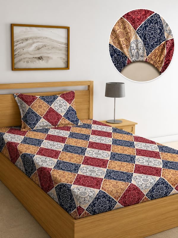 Premium Glace Cotton Single Bedsheet with 1 Pillow Cover | Geometric Print, 180 Thread Count Flat Sheet