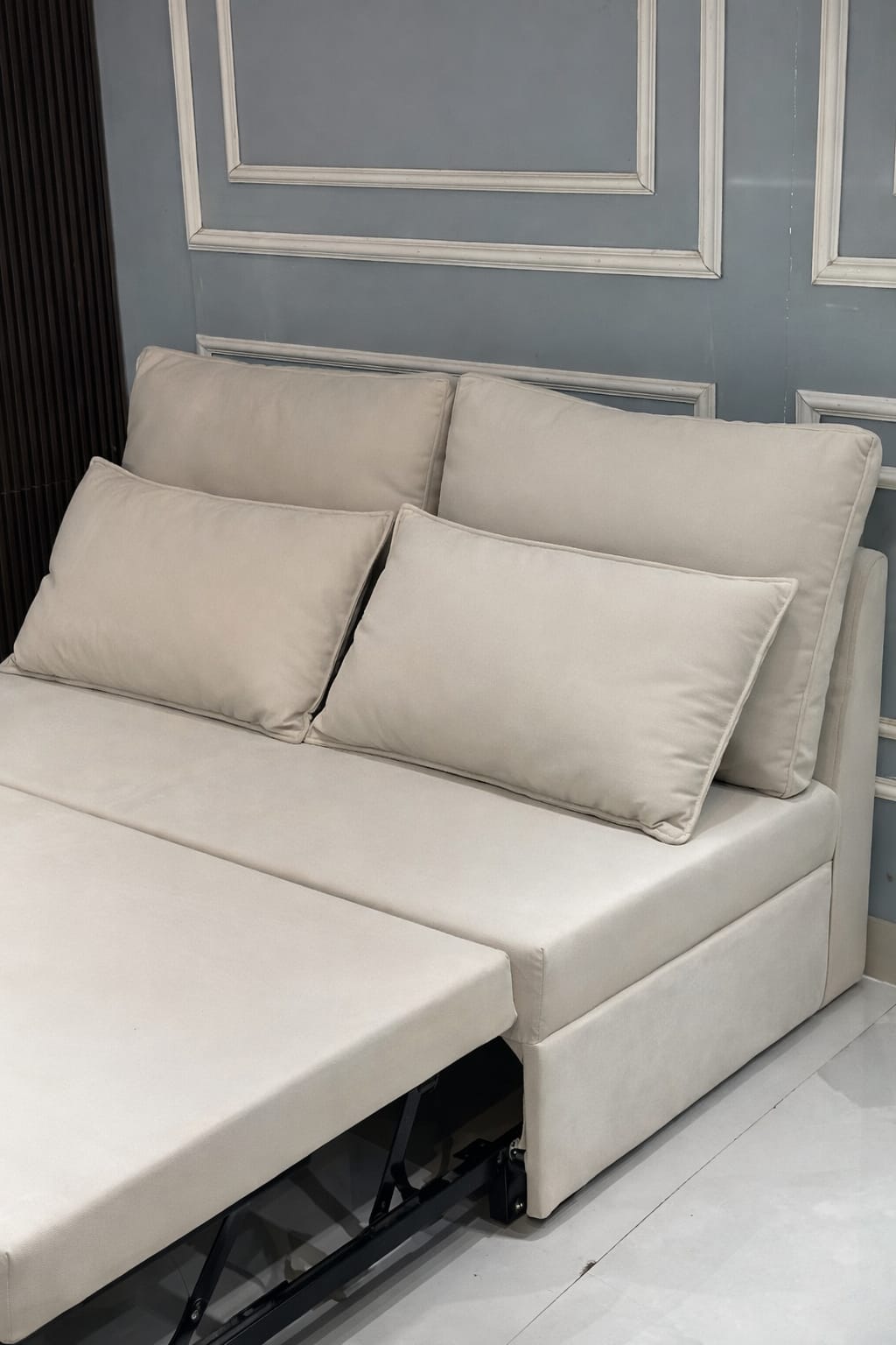 Premium Upholstered Sofa Cum Bed with Cushioned Backrest | Modern Space-Saving Fabric Sofa Bed