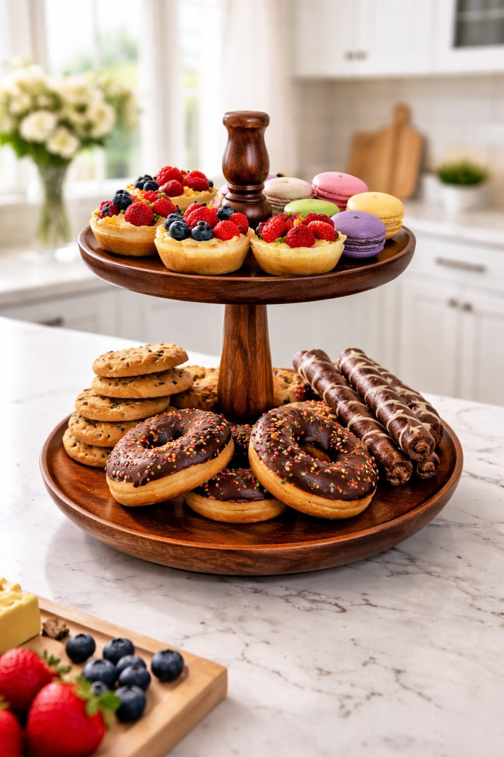 Ouch Cart Solid Mango Wood 2-Tier Cake Stand – Rustic Wooden Dessert & Cupcake Display for Table Decor