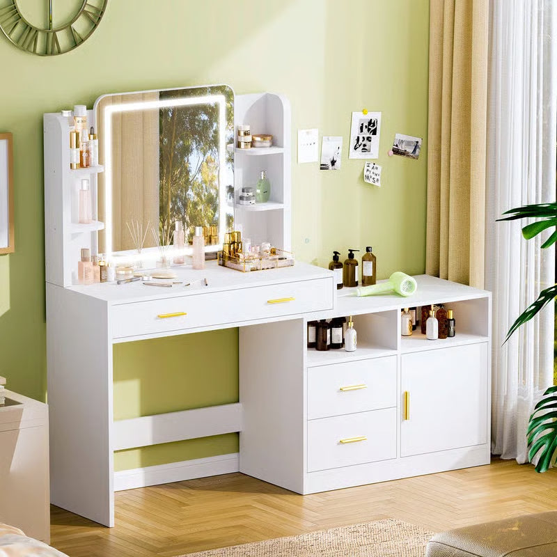 Large 62" White Vanity Table with 22" LED Lighted Mirror, Power Outlet & 4 Storage Drawers-OUCH CART |Dressing table