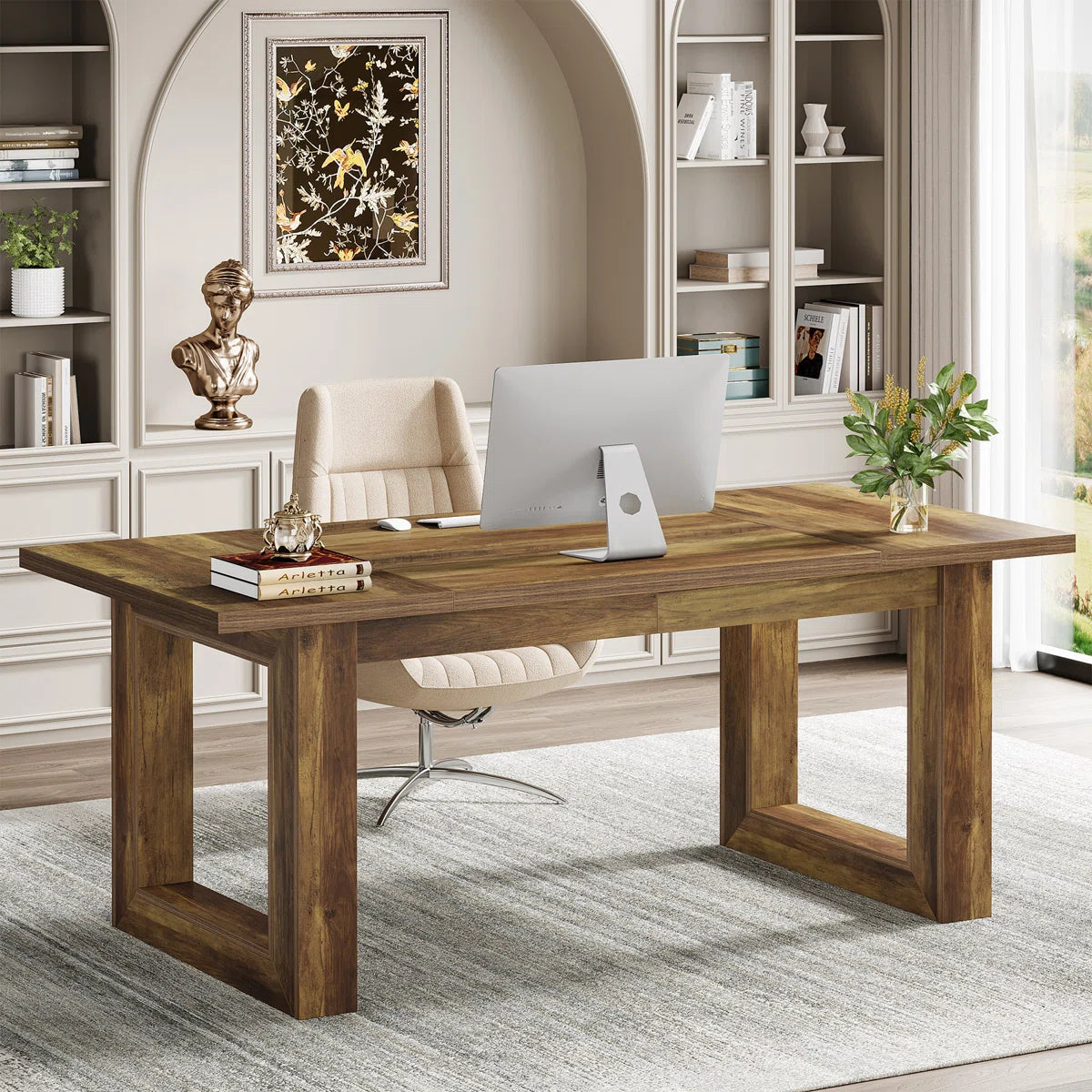 63" Industrial Executive Desk with Solid Wooden Square Base – Modern Computer & Writing Desk