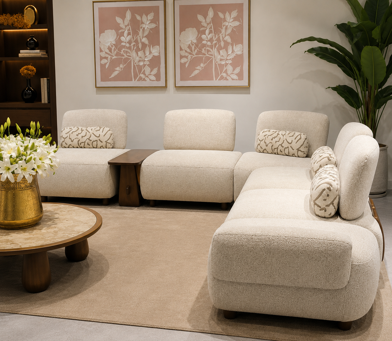 Modern Modular Bouclé Sofa Set with Wooden Side Table | Luxury Cream Fabric Living Room Sofa