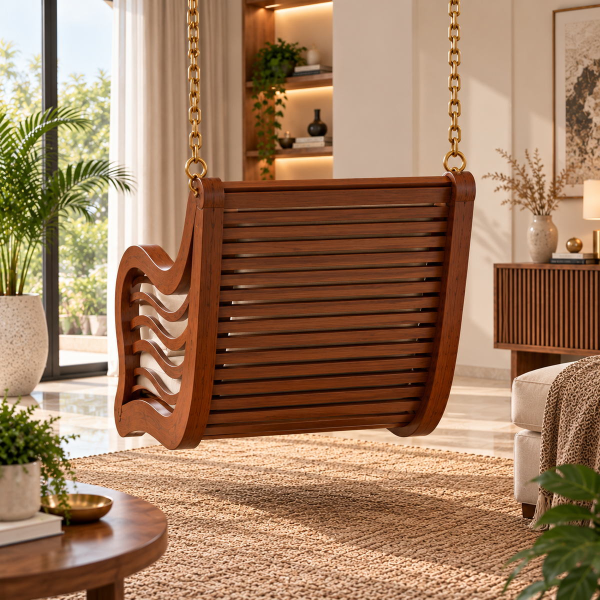 Premium Solid Wood Hanging Swing Chair with Cushion | Luxury Wooden Jhula for Living Room, Balcony & Indoor Spaces