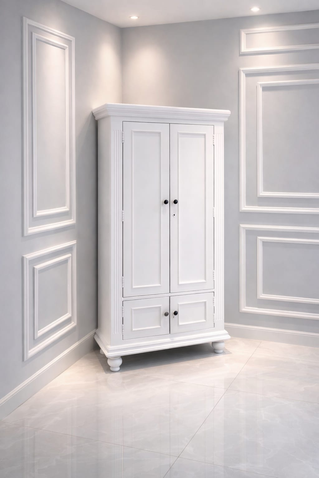 Premium White Wooden Almirah Wardrobe with Double Door & Storage Cabinets