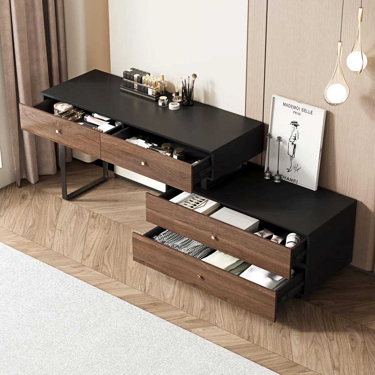 68.9" Extended Desk Vanity Table – Walnut Wood, 4 Storage Drawers for Bedroom-OUCH CART | Dressing table 