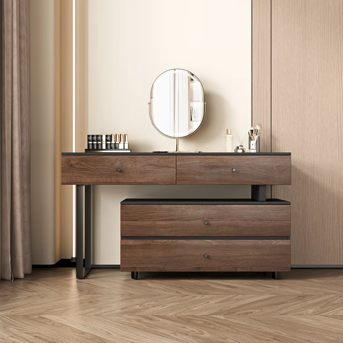 68.9" Extended Desk Vanity Table – Walnut Wood, 4 Storage Drawers for Bedroom