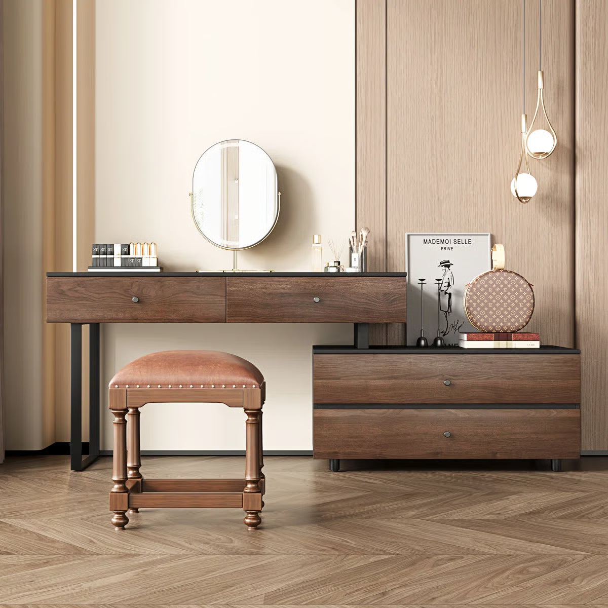 68.9" Extended Desk Vanity Table – Walnut Wood, 4 Storage Drawers for Bedroom