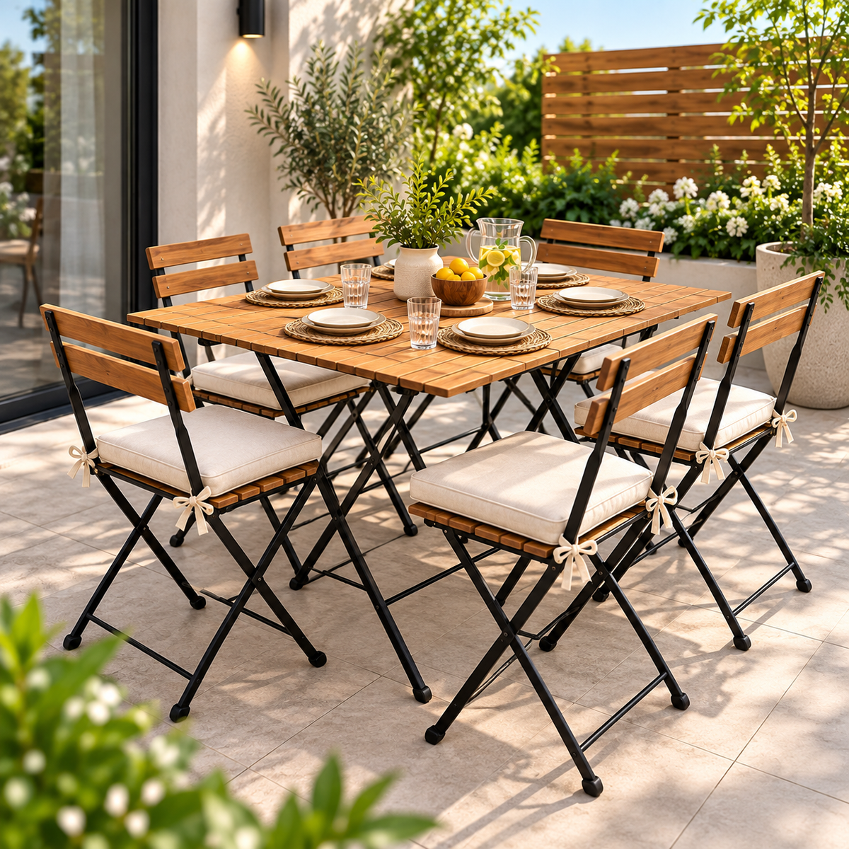 6 Seater Wooden Dining Table Set with Folding Chairs