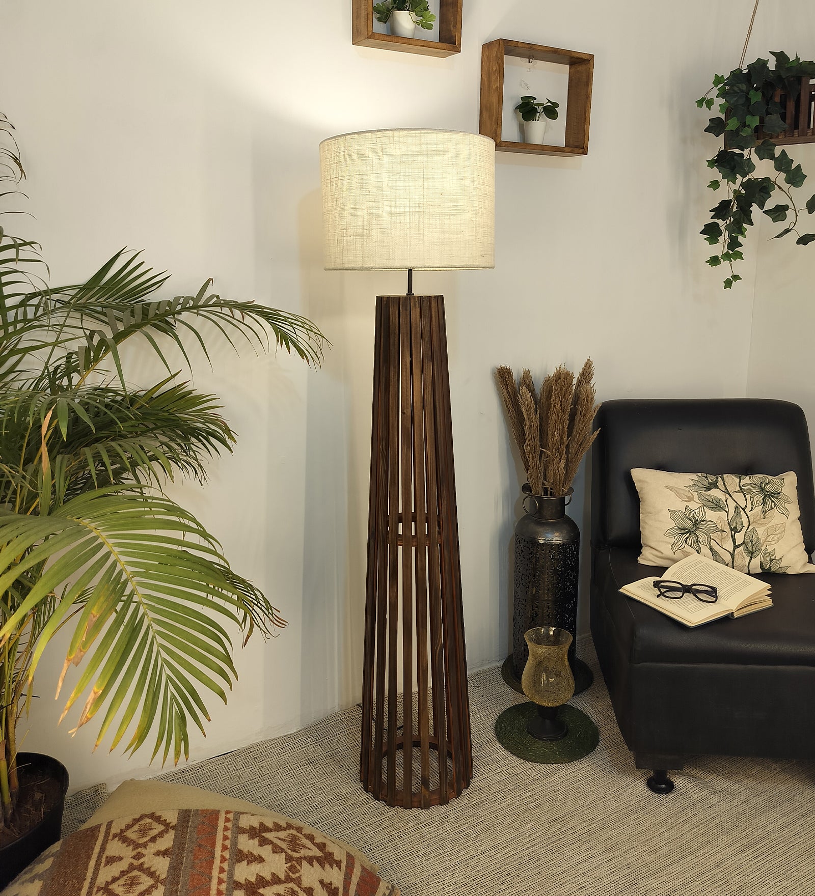 Boho Wooden Floor Lamp with Brown Base and Beige Fabric Lampshade (BULB NOT INCLUDED)
