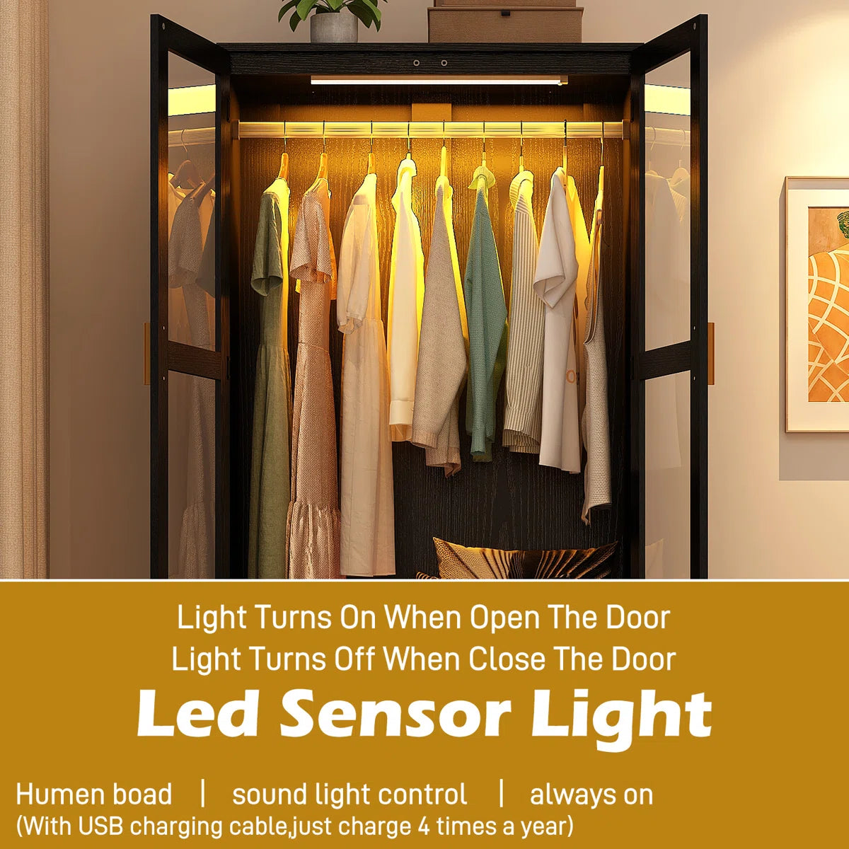 71" H 4-Door Armoire – Modern Wardrobe Closet with LED Sensor Lighting & Rod