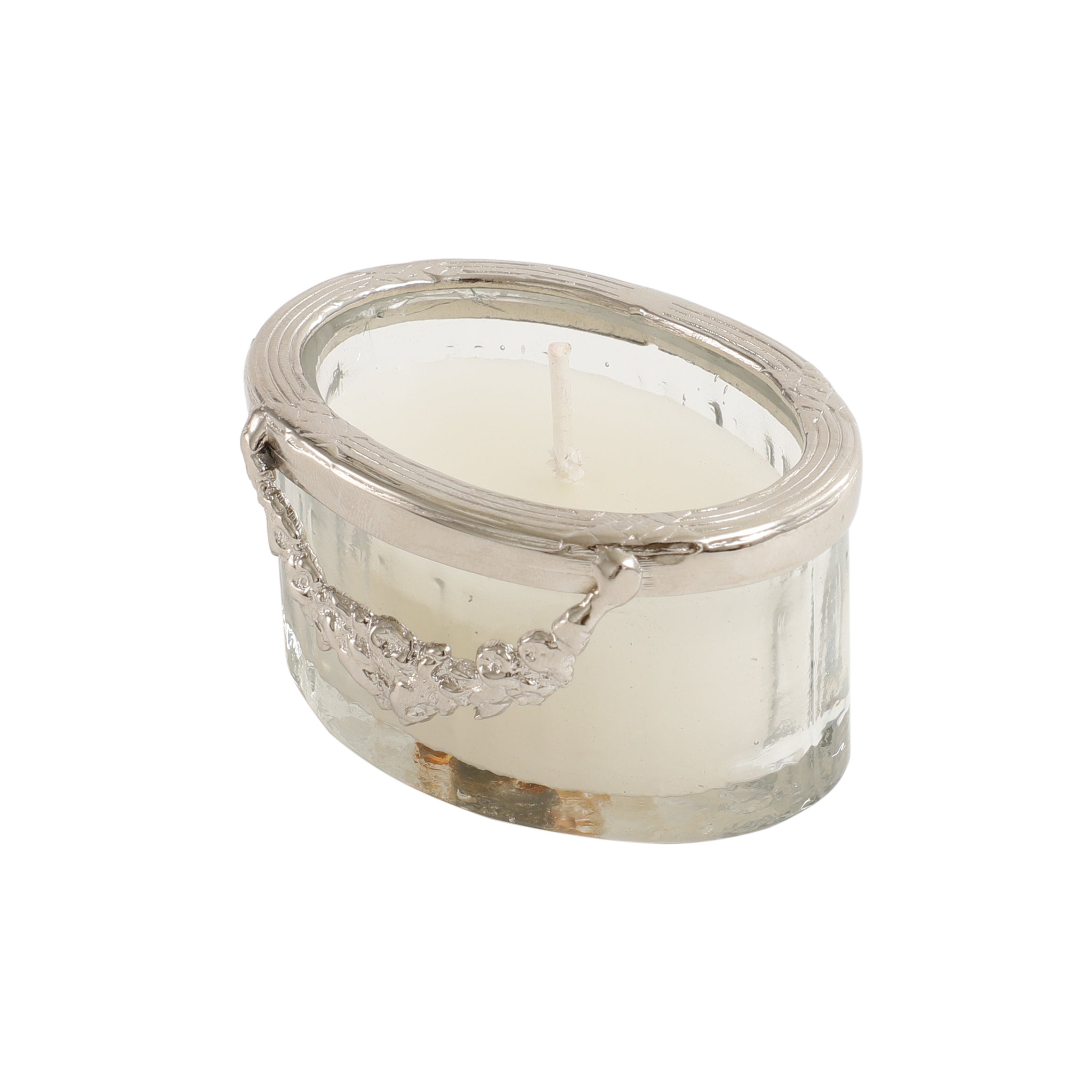 snowy whisper white scented candle jar with silver Ring