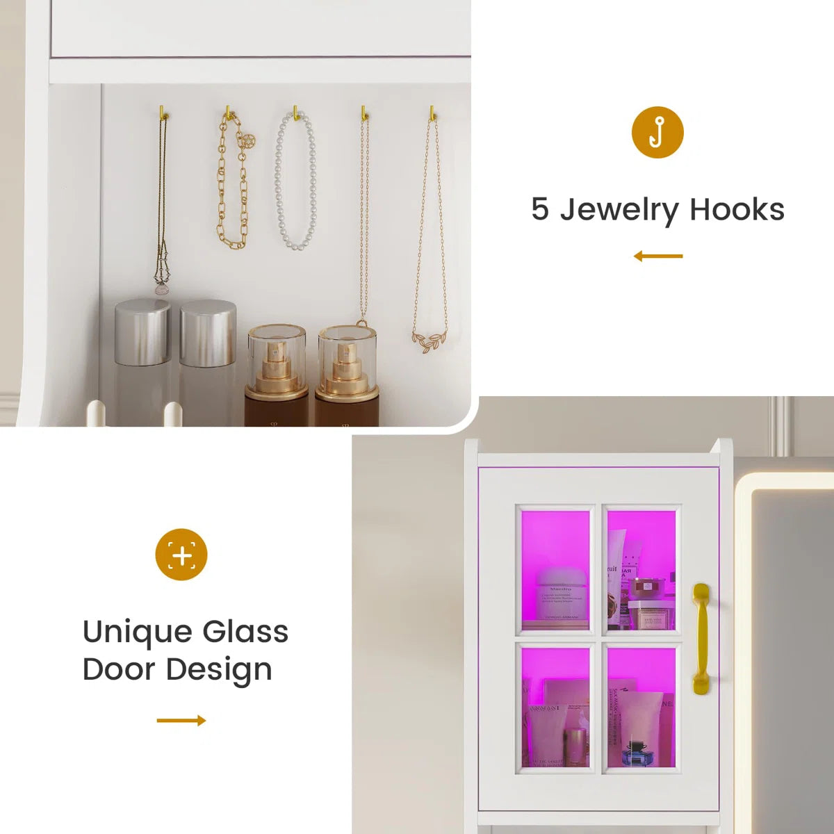 Modern Vanity Desk with 6 Drawers, Touch Control Mirror & Lights, RGB Cabinets, Charging Station, and Hooks-OUCH CART |Dressing table