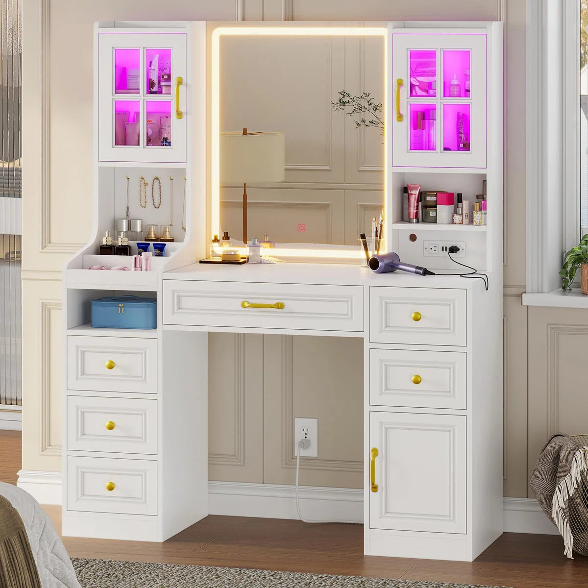 Modern Vanity Desk with 6 Drawers, Touch Control Mirror & Lights, RGB Cabinets, Charging Station, and Hooks-OUCH CART |Dressing table