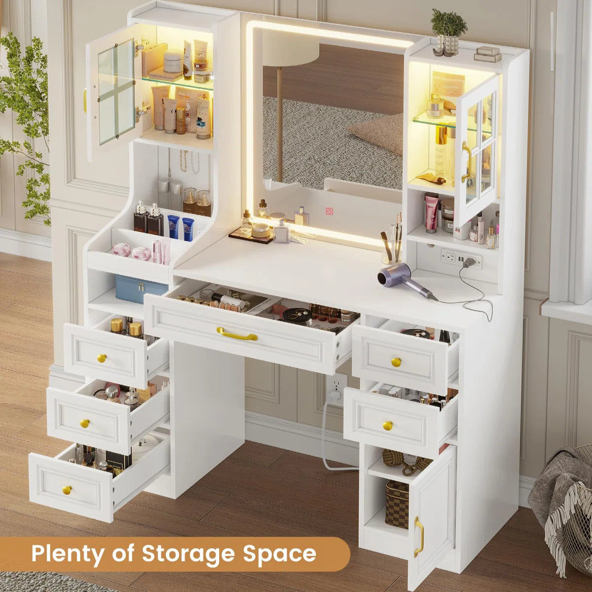Modern Vanity Desk with 6 Drawers, Touch Control Mirror & Lights, Cabinets, Charging Station, and Hooks