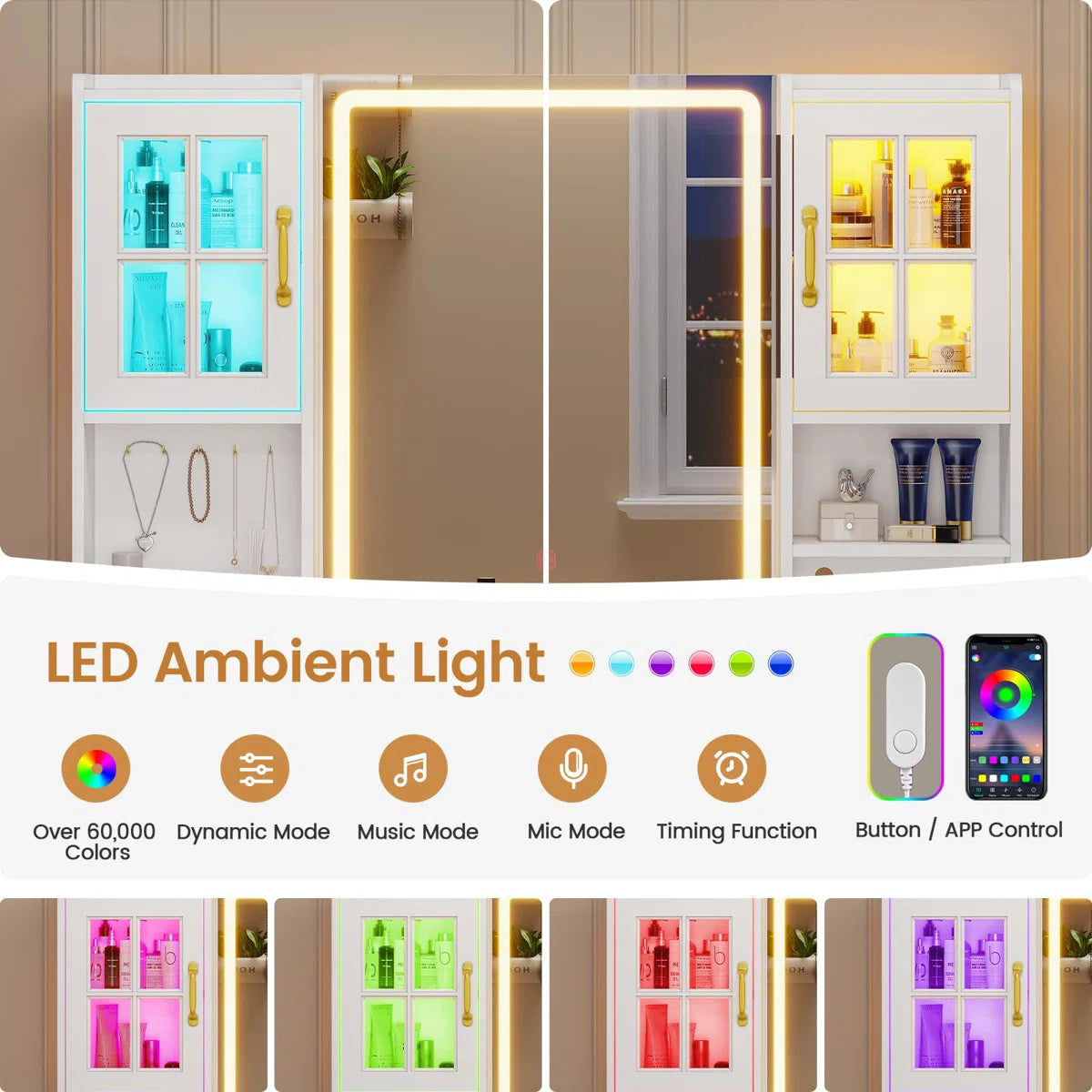 Modern Vanity Desk with 6 Drawers, Touch Control Mirror & Lights, RGB Cabinets, Charging Station, and Hooks-OUCH CART |Dressing table
