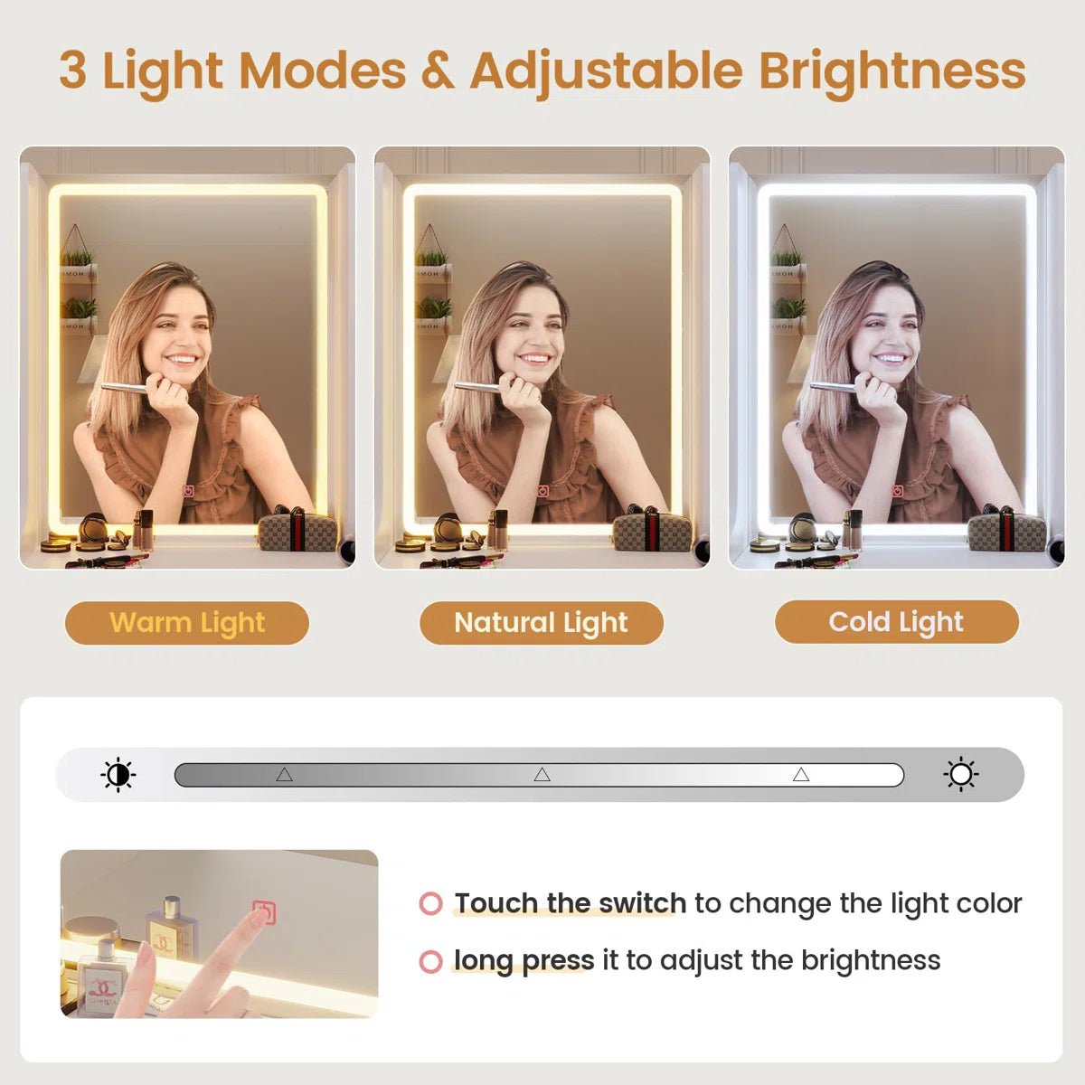 Modern Vanity Desk with 6 Drawers, Touch Control Mirror & Lights, Cabinets, Charging Station, and Hooks