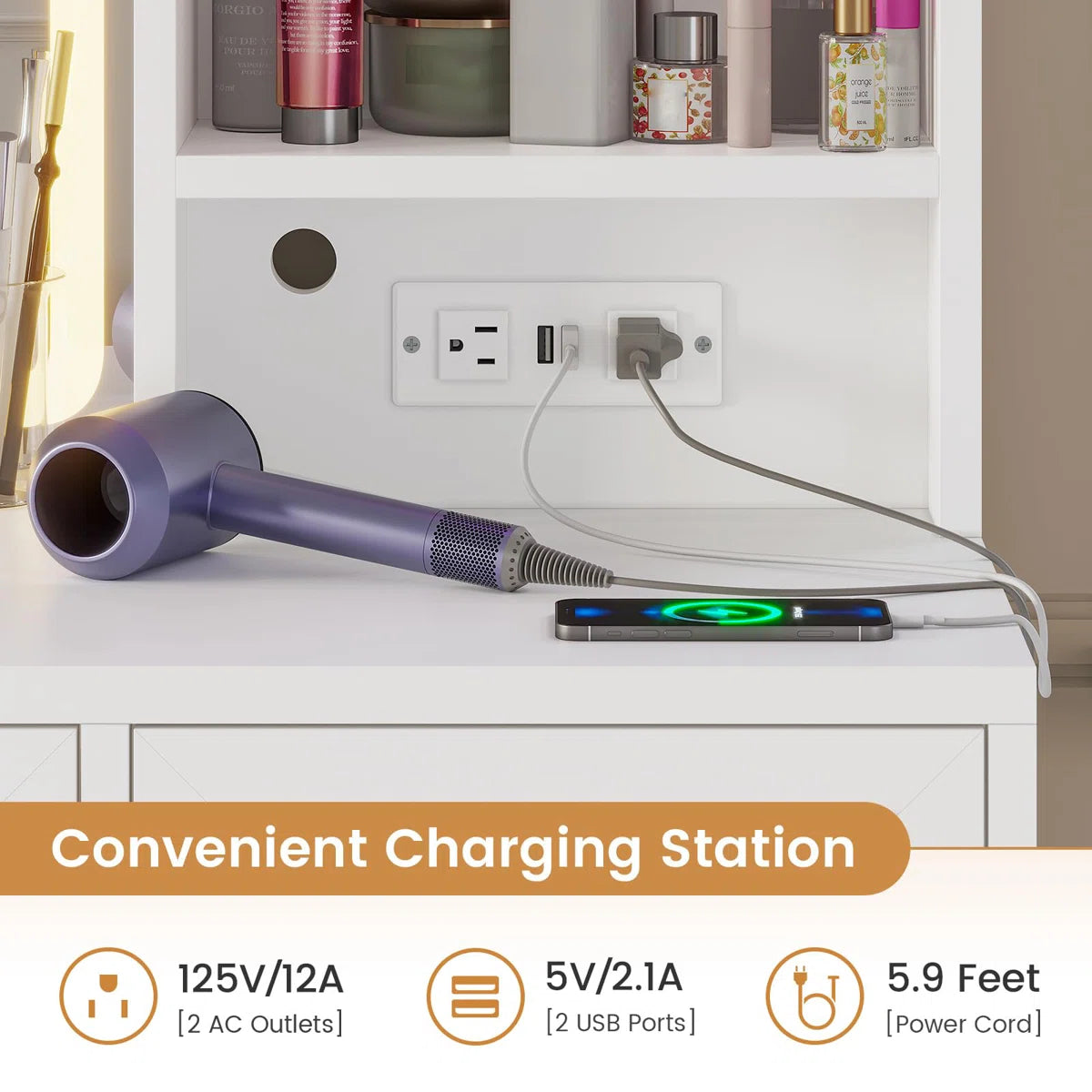Modern Vanity Desk with 6 Drawers, Touch Control Mirror & Lights, Cabinets, Charging Station, and Hooks