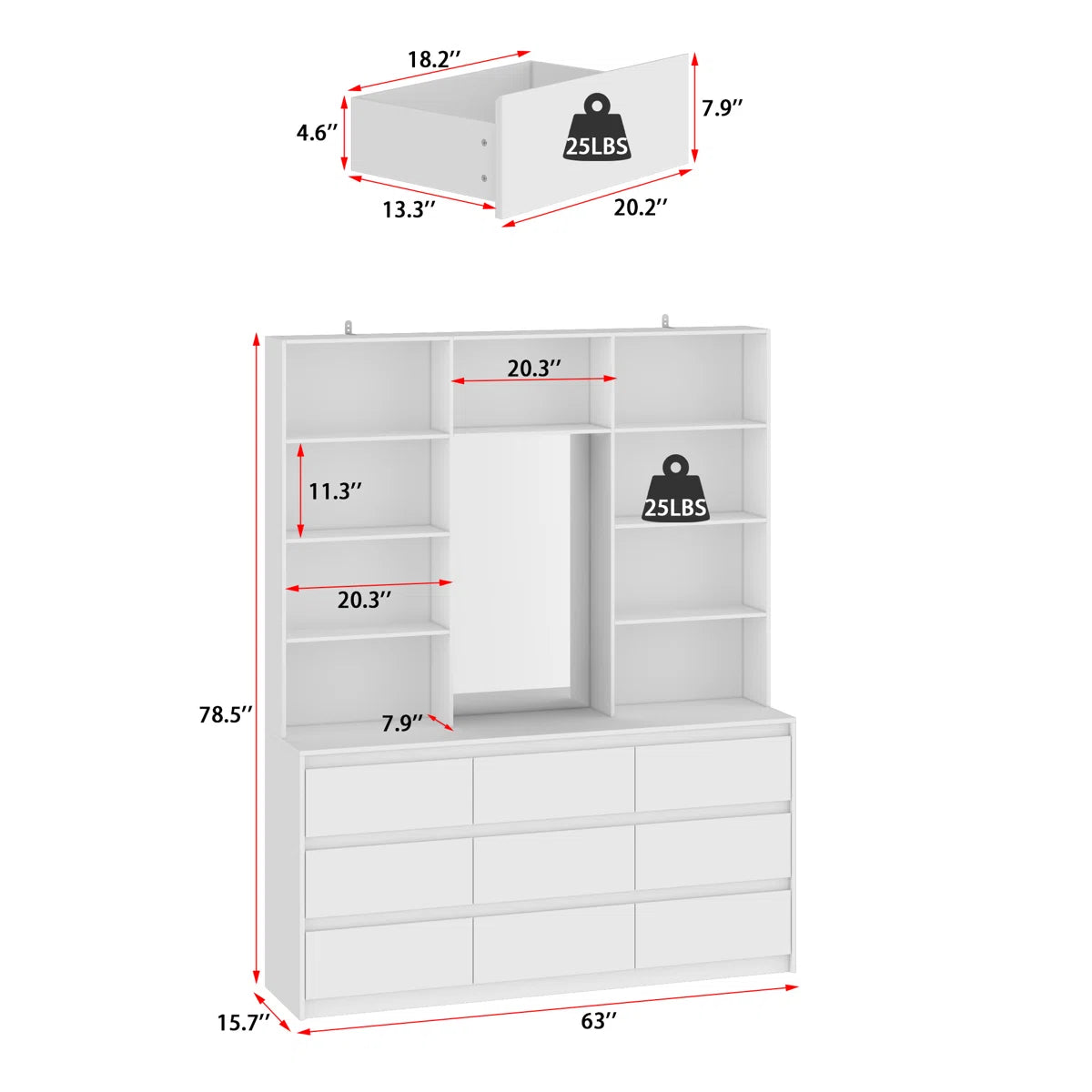 Spacious 9-Drawer 7-Shelf Wardrobe – Wooden Closet with Full-Length Mirror