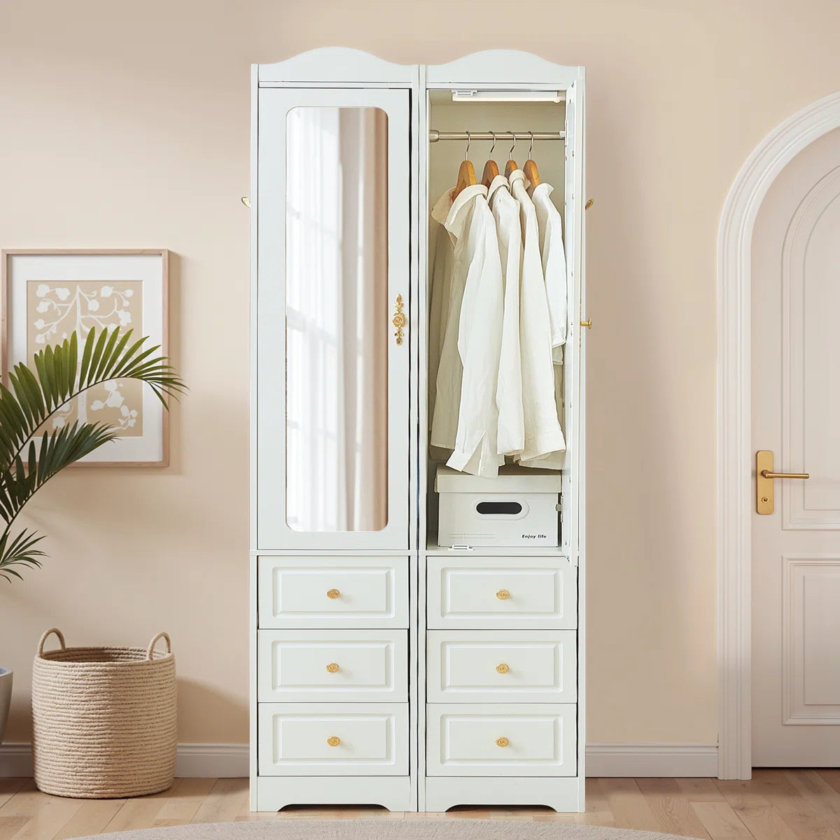 Large Armoire Wardrobe Closet 6 Drawers 2 Mirrors Hanging Rod with Sensor Lights
