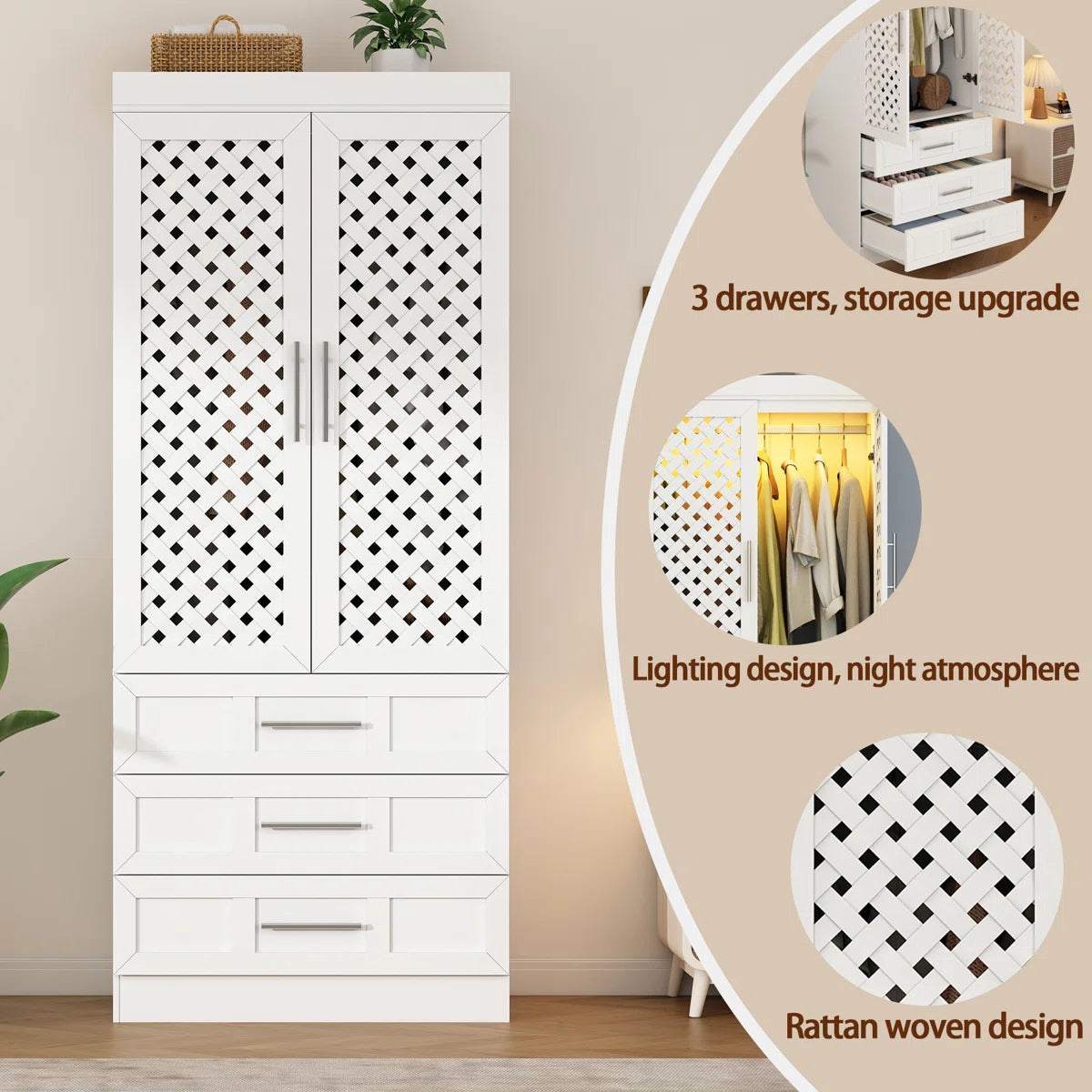 75.6''H Armoire Wardrobe With Sensor Light, 3 Hand-Made Woven Rattan Doors, Hanging Rod And 3 Drawers