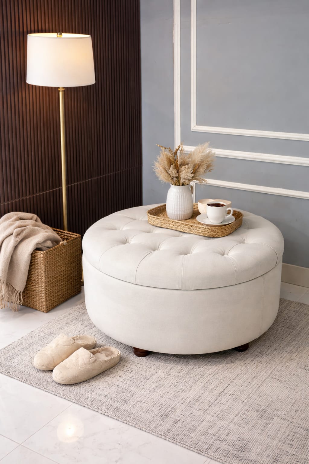 Wide Round Storage Ottoman with Storage