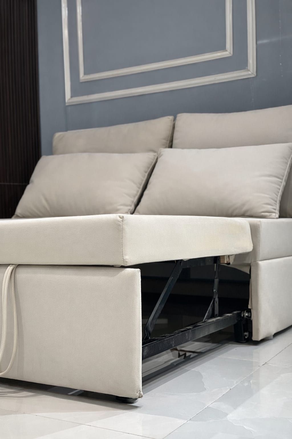 Premium Upholstered Sofa Cum Bed with Cushioned Backrest | Modern Space-Saving Fabric Sofa Bed