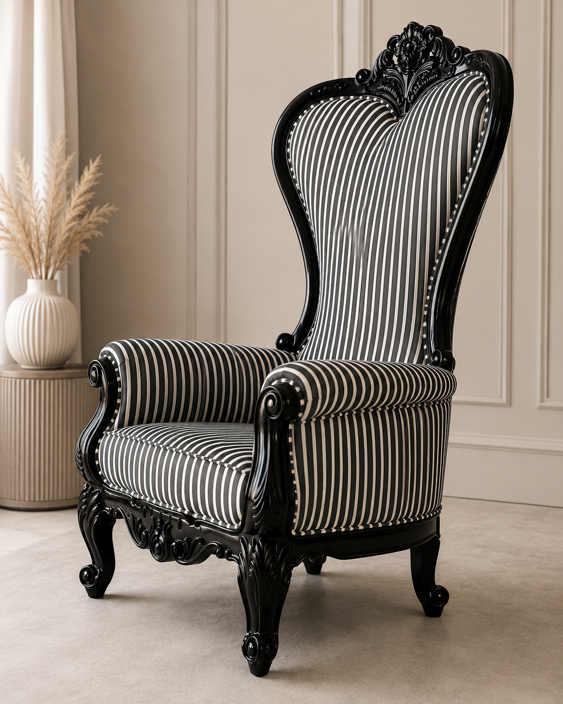 Baroque Carved Wooden Armchair with Black & White Striped Upholstery | High Back Accent Chair