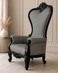 Baroque Carved Wooden Armchair with Black & White Striped Upholstery | High Back Accent Chair