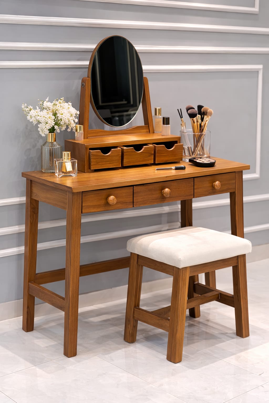 Classic 6-Drawer Vanity Set with Tilt Mirror & Upholstered Stool