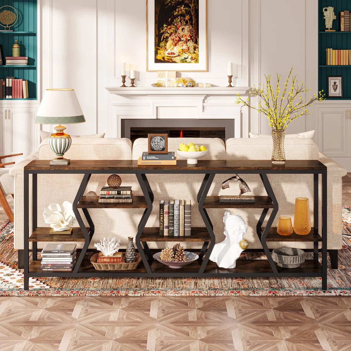 Extra Long Sofa Table, Rustic Console Table with 4 Tier Storage Shelves For Living Room