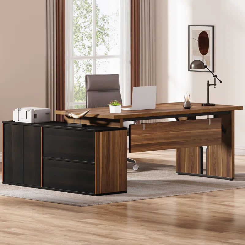 L-Shaped Executive Desk with Cabinet Locking Drawer Storage Shelves Business Furniture Set