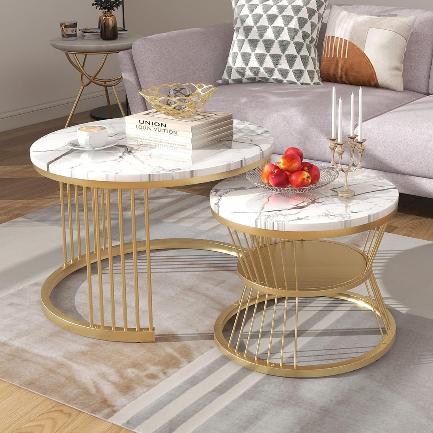 Iron Frame Marbled Laminated Round Coffee Table Set of 2 Stacking Center Tables for Living Room Bedroom or Apartments (Golden White)