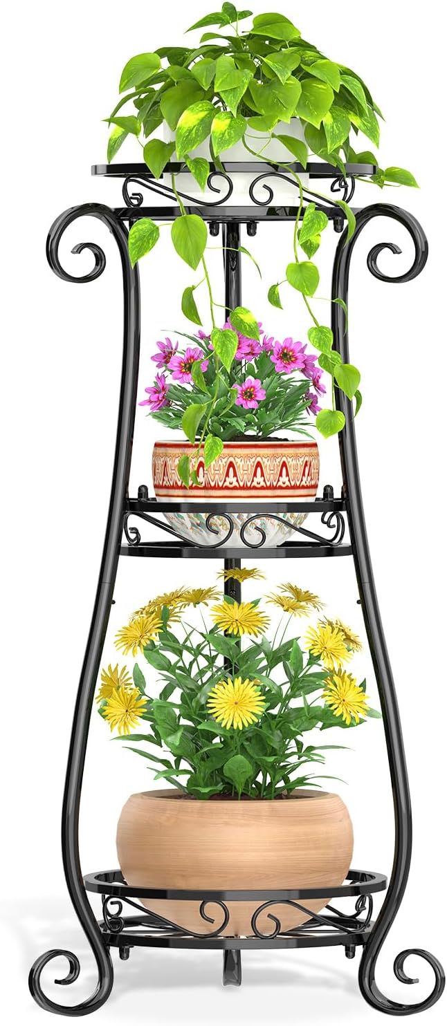 Metal Plant Stand Indoor Outdoor Clearance, 35 Inch Rustproof Iron Flower Pot Holder, Multiple Heavy Duty Plant Round Rack for Patio Home Planter Corner Garden Balcony (Black)