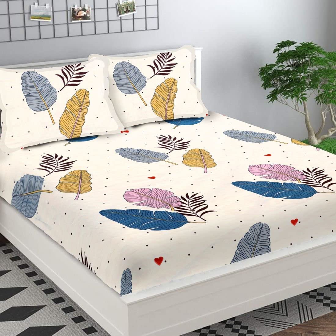 Special Cotton Blend Double Queen Bedsheet with 2 Matching Pillow Covers | 480 Thread Count | Superfine Botanical Print | Soft & Comfortable Flat Bedsheet Set