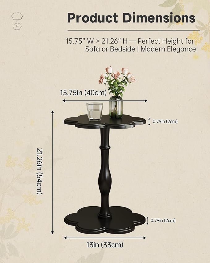 Black Solid Wood Pedestal Side Table, Flower Design Accent End Table for Sofa & Bedroom