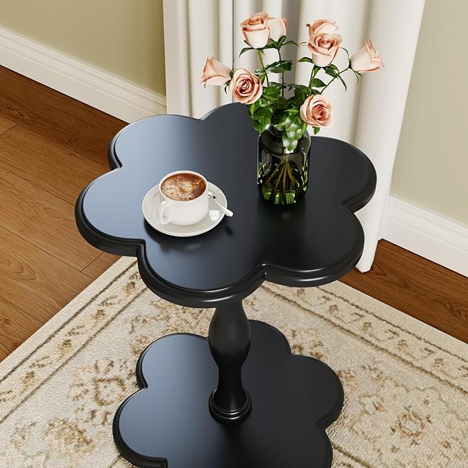 Black Solid Wood Pedestal Side Table, Flower Design Accent End Table for Sofa & Bedroom