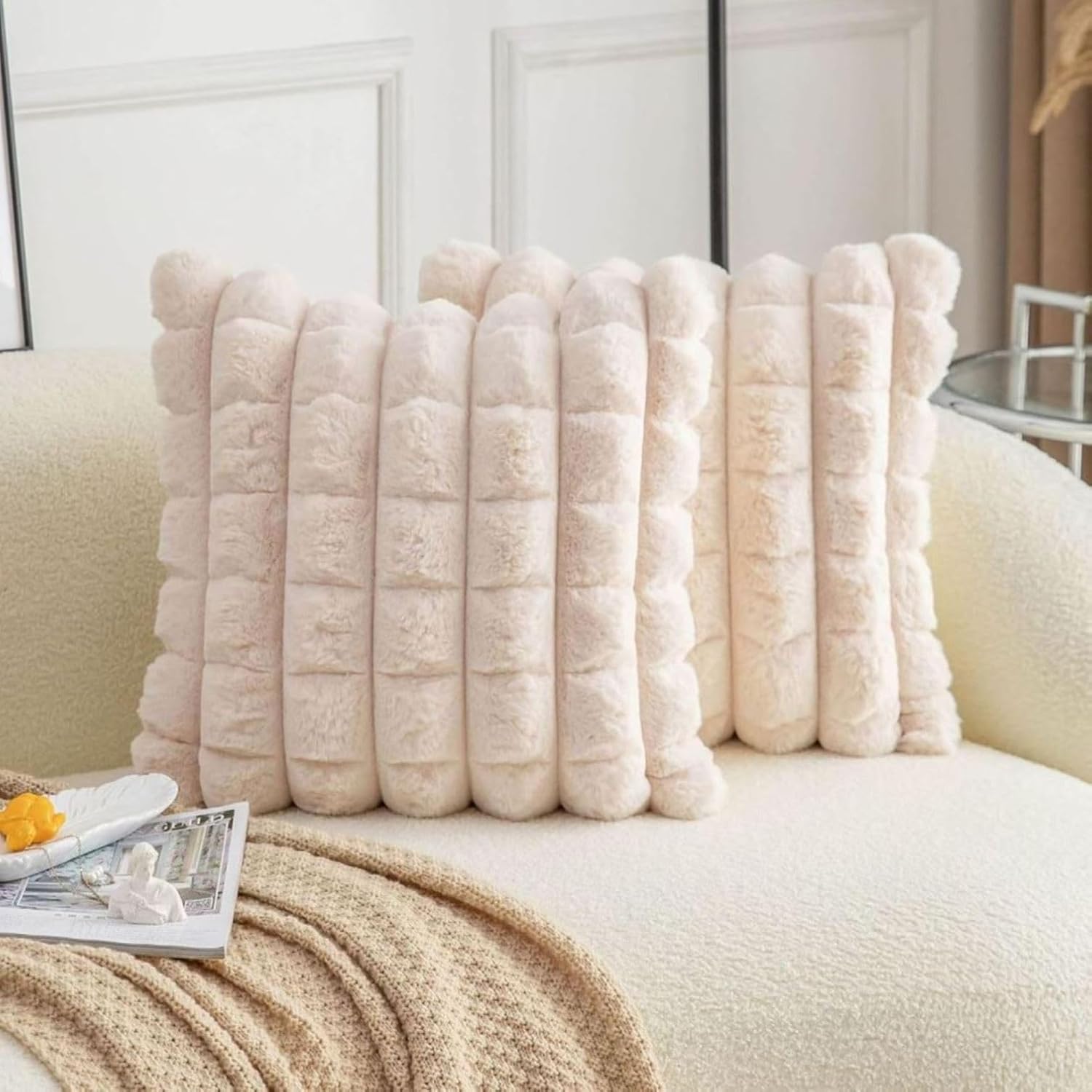 Cream Checkered Faux Fur Cushion Covers, 16 x 16 Inch, Set of 2